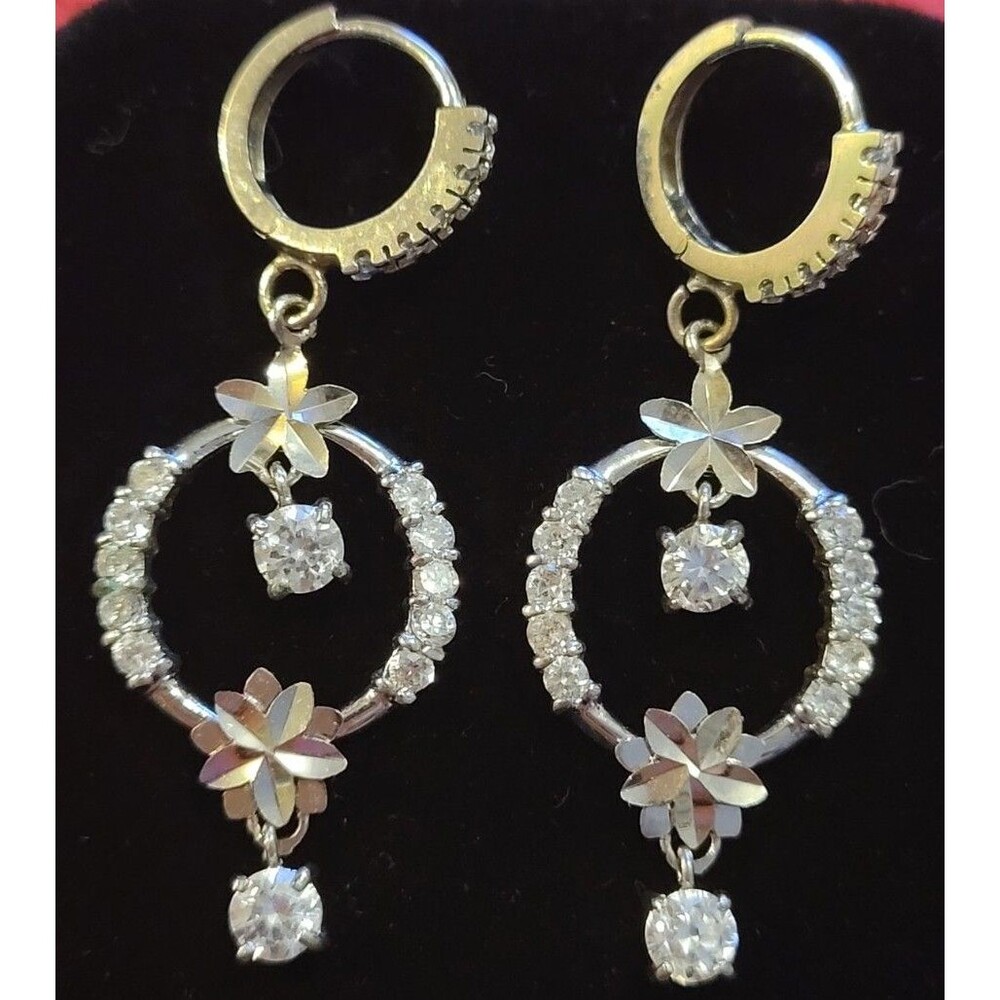 Silver 925 Cubic Zirconia Flower Circle Charm Leverback Earrings Bling Beautiful